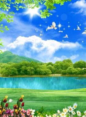 FJ01268定制高清晰福禄蓝天白云大树草地背景墙背景墙壁画壁画沙