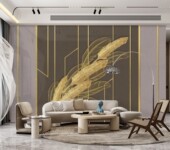 定制无缝高清现金色手绘羽毛护墙板轻奢意境家有金色复式 楼背景墙