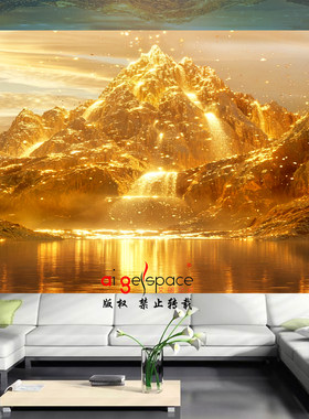 FJ6688背靠金山办公室挂画聚宝盆山水客厅元宝沙发背景墙财壁画