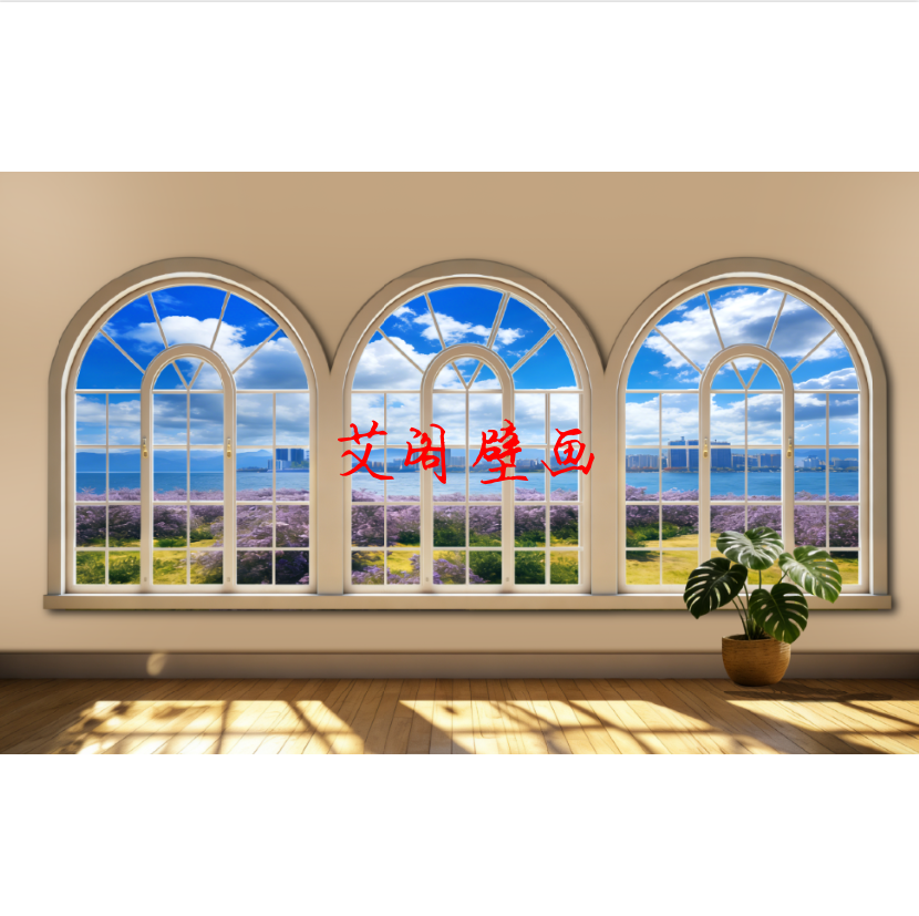 欧式风景窗户红日定制蓝天白云草地3D电视背景墙风景画壁画FJ6988