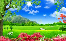 FJ1128定制高清大树靠山草地红叶红花蓝天白云电视沙发背景墙壁画