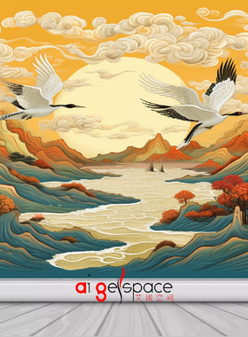 FJ01187佛道仙壁纸壁画禅意荷花寺庙祠鹤祥云神供奉佛堂背景墙布