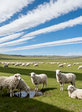 白色3D羊群草原绵羊蒙古包锡林郭勒羊蓝天白云草原草地壁画FJ5206