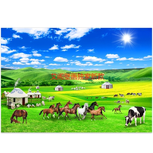 定制牛群羊群草原牧场蒙古包直播日出牛羊马八骏背景墙风景FJ2585