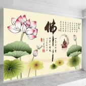 佛道仙壁纸壁画禅意荷花寺庙祠鹤祥云神供奉佛堂背景墙布FJ01187