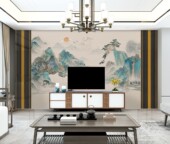 定制新中式 国画木纹仿真整体护墙板大板布沙发卧室壁画电视背景墙
