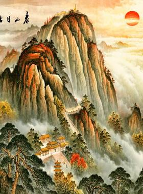 G01107五岳独尊旭日东升3D泰山日出茶室书房水墨中国风壁画背景墙