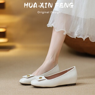 超软小羊皮单鞋女2026新款山茶花浅口瓢鞋平底复古法式玛丽珍鞋女