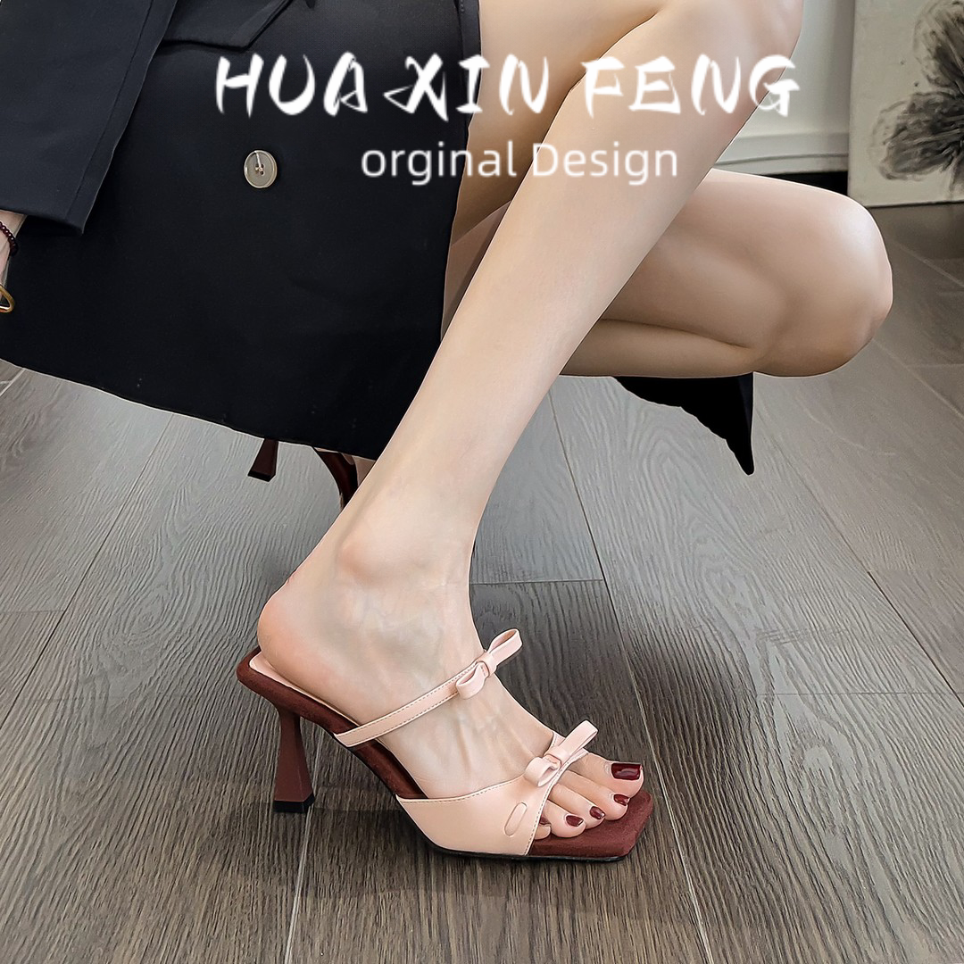 羊皮蝴蝶结细跟凉拖鞋夏百搭