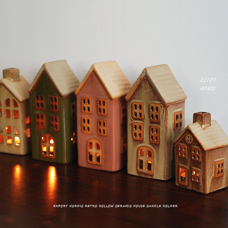 【房子烛台】出口北欧复古窑变色陶瓷房子烛台 建筑街道布置摆件