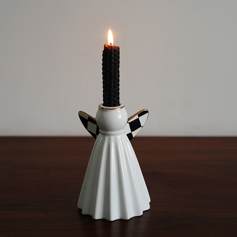 美国黑白格子天使造型陶瓷烛台