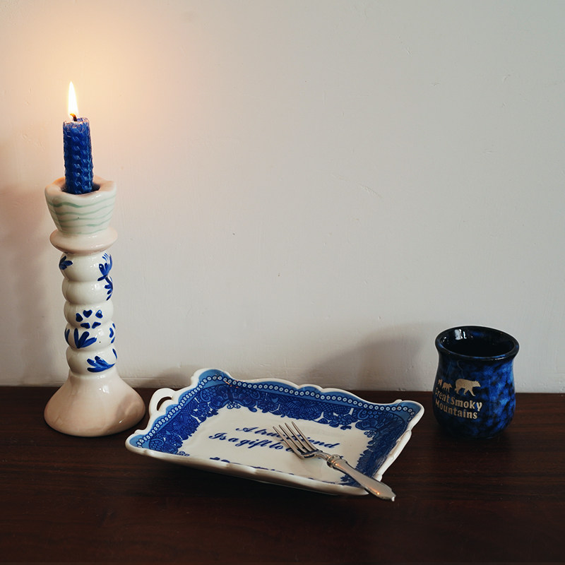 生活复古蓝 出口欧式青花造型陶瓷下午茶点心盘 烛台小容量咖啡杯