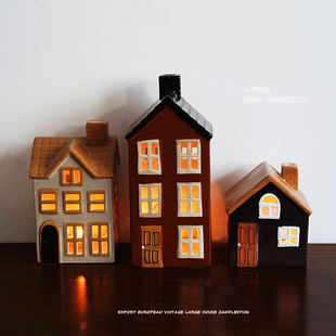 【烛台】出口北欧复古陶瓷大号街区房子烛台场景布置建筑摆件一套