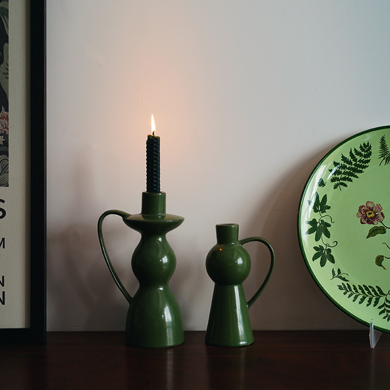【烛台】出口北欧复古墨绿色手提陶瓷造型烛台 中古蜡台家居装饰