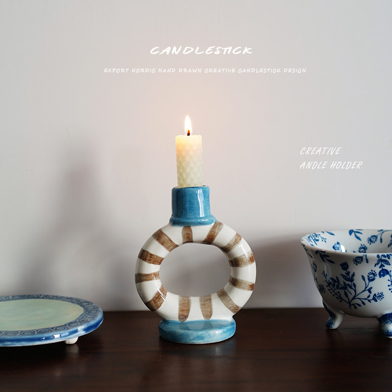 【烛台】 出口北欧手绘条纹创意陶瓷烛台 餐桌烛光晚餐 家居布置