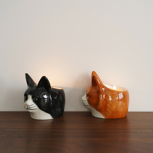 英单手绘猫咪造型陶瓷烛台 创意复古蜡台 家居装饰可爱动物小礼物