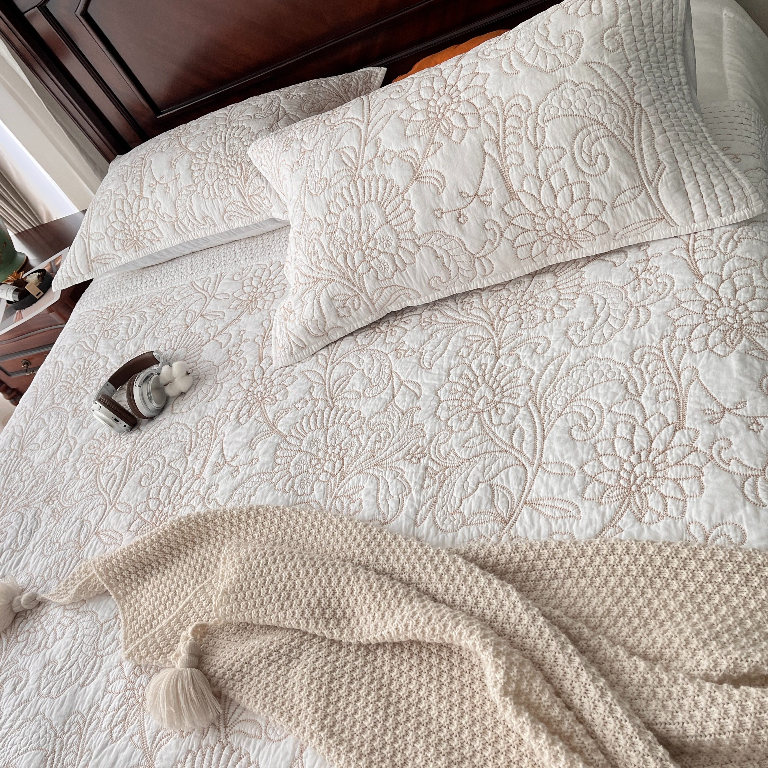 高档刺绣美式全棉绗缝床盖三件套纯棉双面超柔四季通用夹棉床单,床上用品,床盖,淘宝优惠券,粉丝福利购,淘宝优惠卷