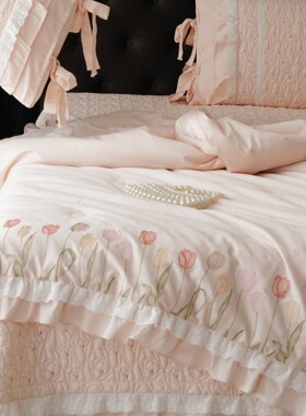 法式蕾丝荷叶花边天丝棉床盖三件套双面夹棉绗缝花边床单防滑紫色