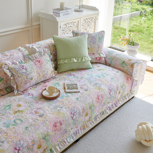 韩式纯棉大花边绗缝夹棉皮沙发垫防滑座垫四季通用布艺沙发巾罩套