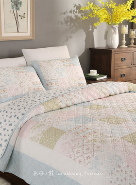 BUBU熊韩式田园衍缝被单件床盖三件套空调被子母夏纯棉蓝色多尺寸