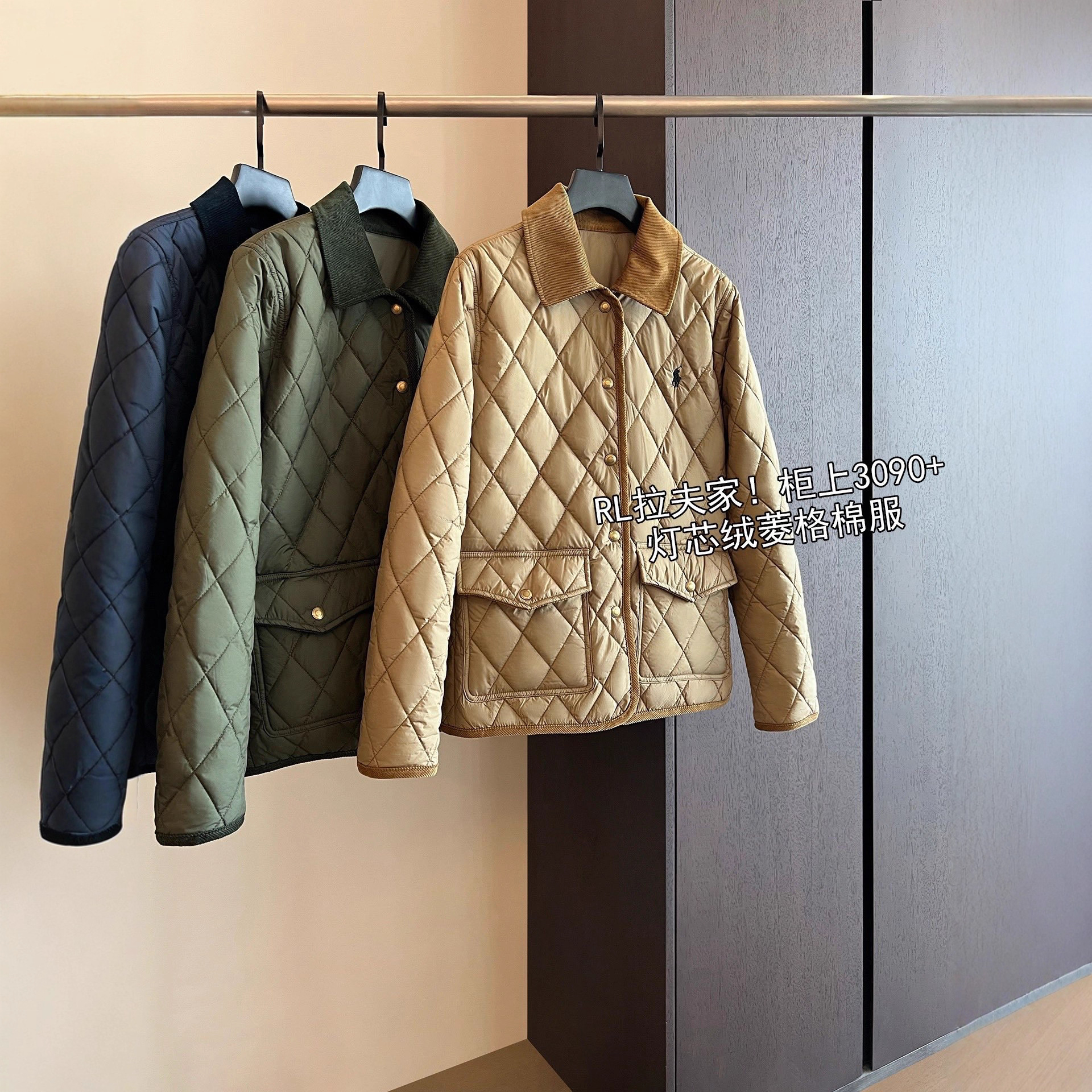 菱格棉服灯芯绒翻领轻薄夹克棉衣