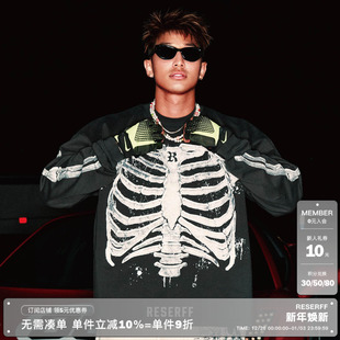 型美式 RESERFF T恤短宽boxy版 重磅长袖 复古裂纹印花男 骼裂机芯