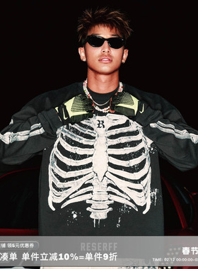 RESERFF 骼裂机芯 重磅长袖T恤短宽boxy版型美式复古裂纹印花男