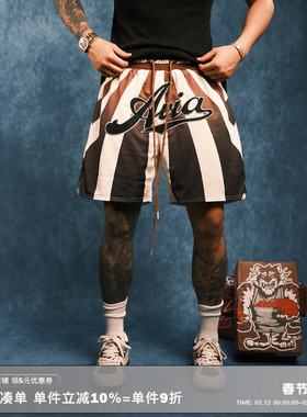 RESERFF X AVIA 联名  复古印花刺绣贴布双层铜氨丝美式抽绳短裤