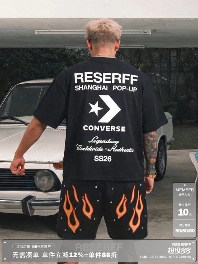 RESERFF x CNVRS联名美式黑色纯棉圆领印花廓形重磅纪念短袖T恤男