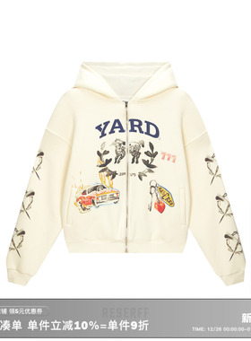 RESERFF x YARD 联名赛车水彩拉链卫衣男重磅水洗华夫格内里帽衫