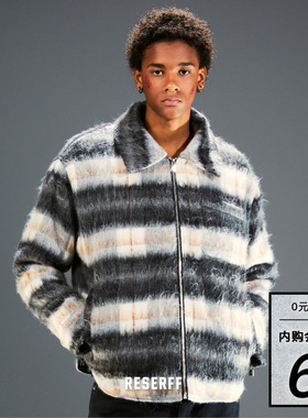 RESERFF PAGES 羊毛格纹贴布双层保暖宽松廓形金属拉链棉衣外套