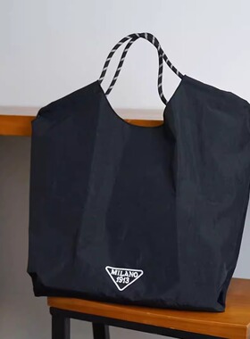 日系简约黑色刺绣尼龙手提袋大容量托特包布包单肩包女拎包耐用