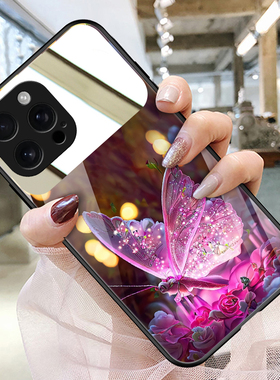 适用iphone17苹果16promax手机壳玻璃镜子镜面iphone15苹果14补妆镜13镜子12紫色蝴蝶梦幻