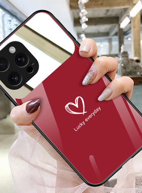 适用iphone17苹果16promax手机壳玻璃镜子镜面iphone15苹果14补妆镜13镜子12手绘爱心