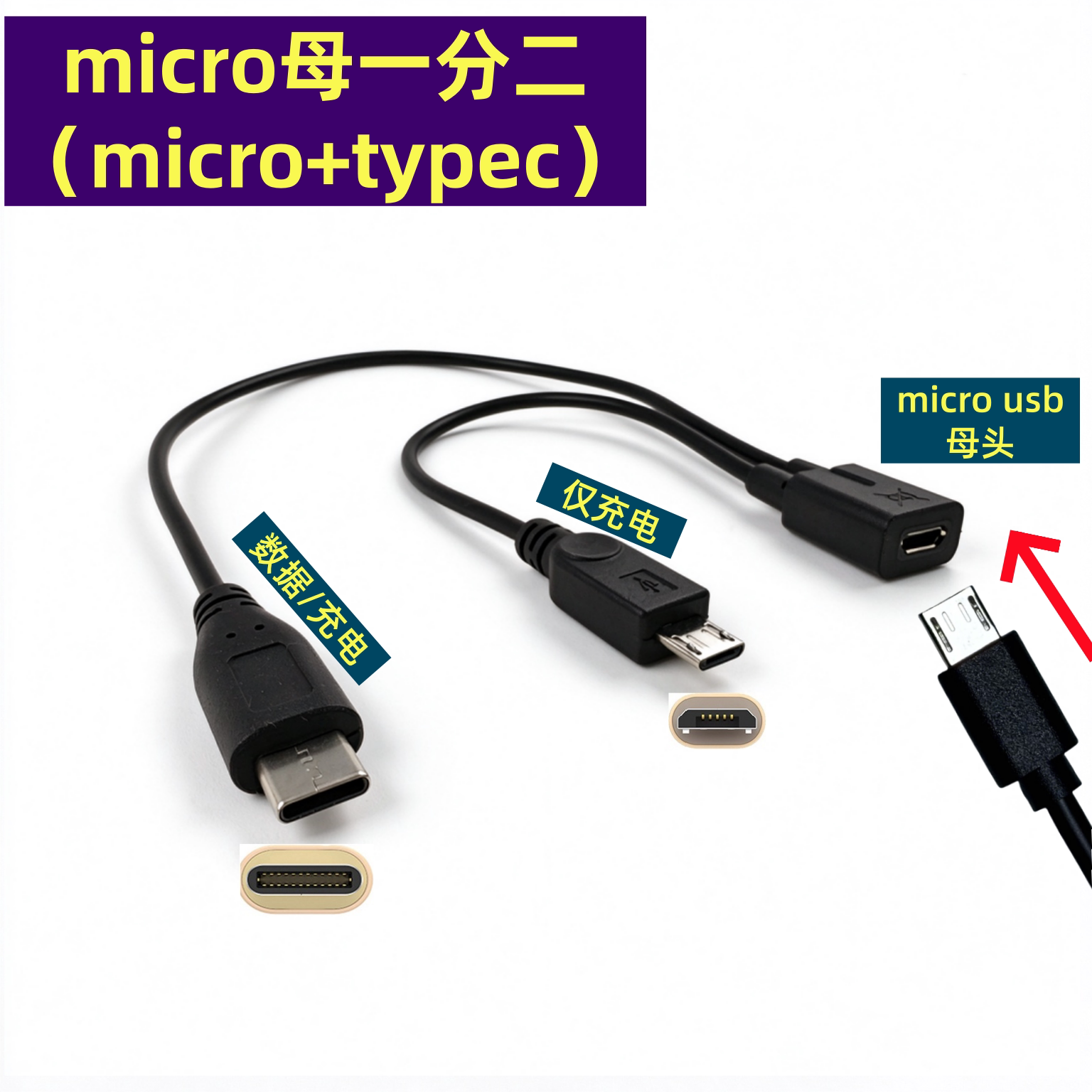 micro母一分二充电线短线车载行车记录仪etc分线扩展延长供电20厘米5V取电分头小设备数码电子转Type-C充电30