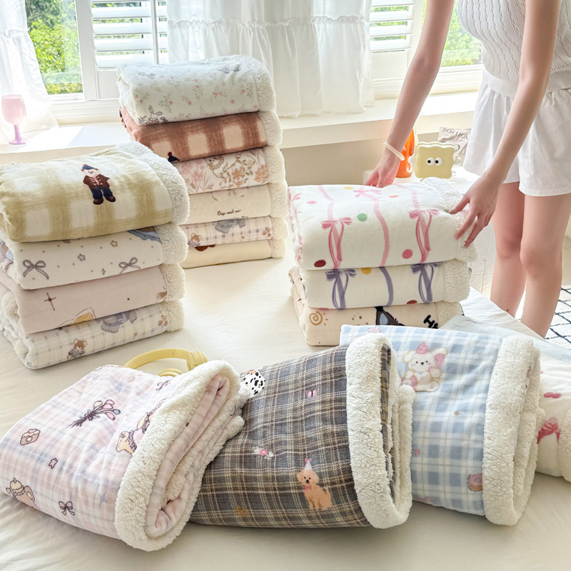 四季双层羊羔绒牛奶绒披肩毛毯办公室午睡毯子宿舍幼儿园盖毯绒毯
