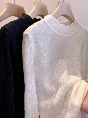 美丽诺羊毛~钩花温柔显贵气半高领长袖针织衫减龄洋气打底上衣