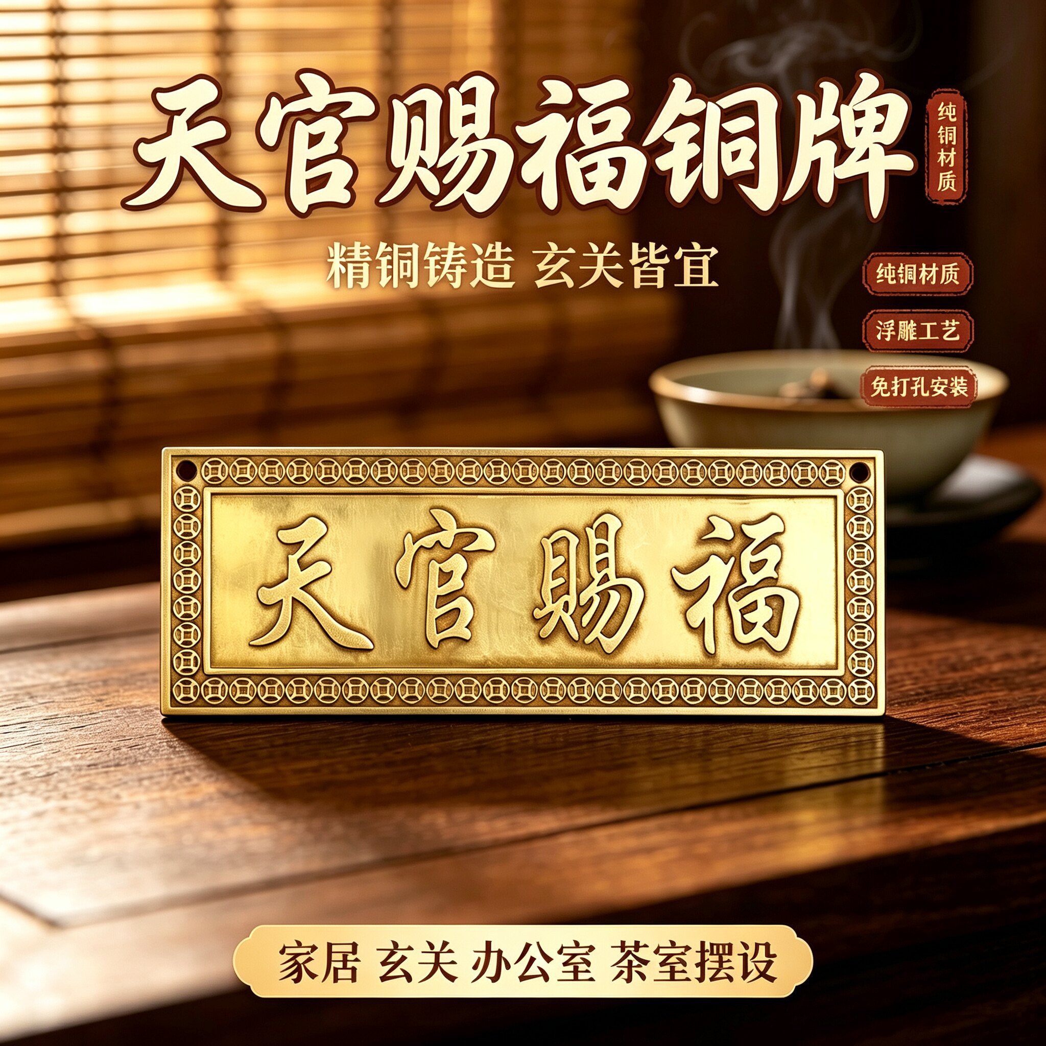 纯铜浮雕天官赐福门贴牌匾大号