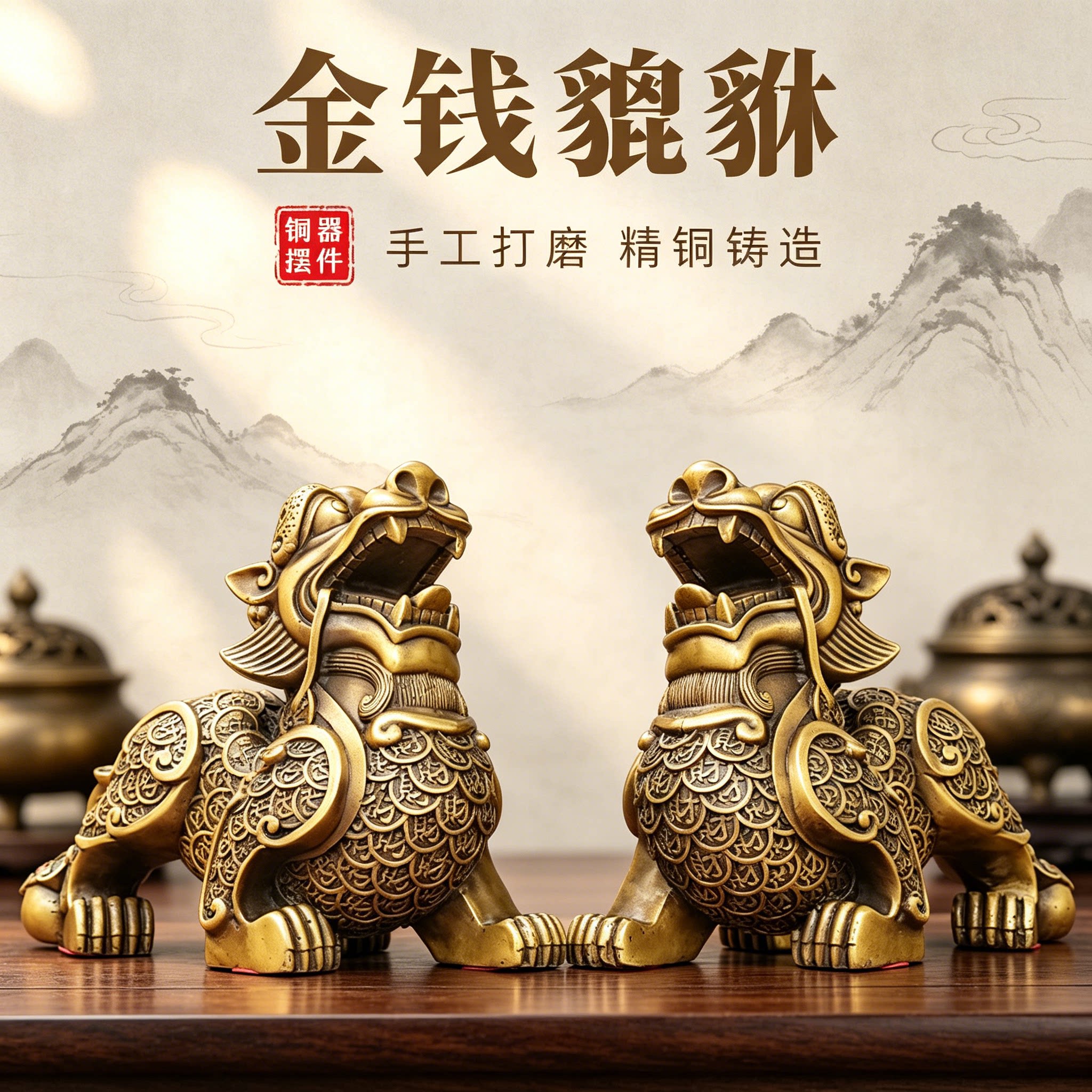 黄铜貔貅招财摆件一对聚财旺财