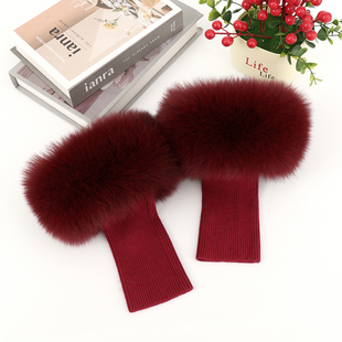 韩版真狐狸毛袖口女冬季保暖酒红色毛圈袖套针织袖口免安装时尚
