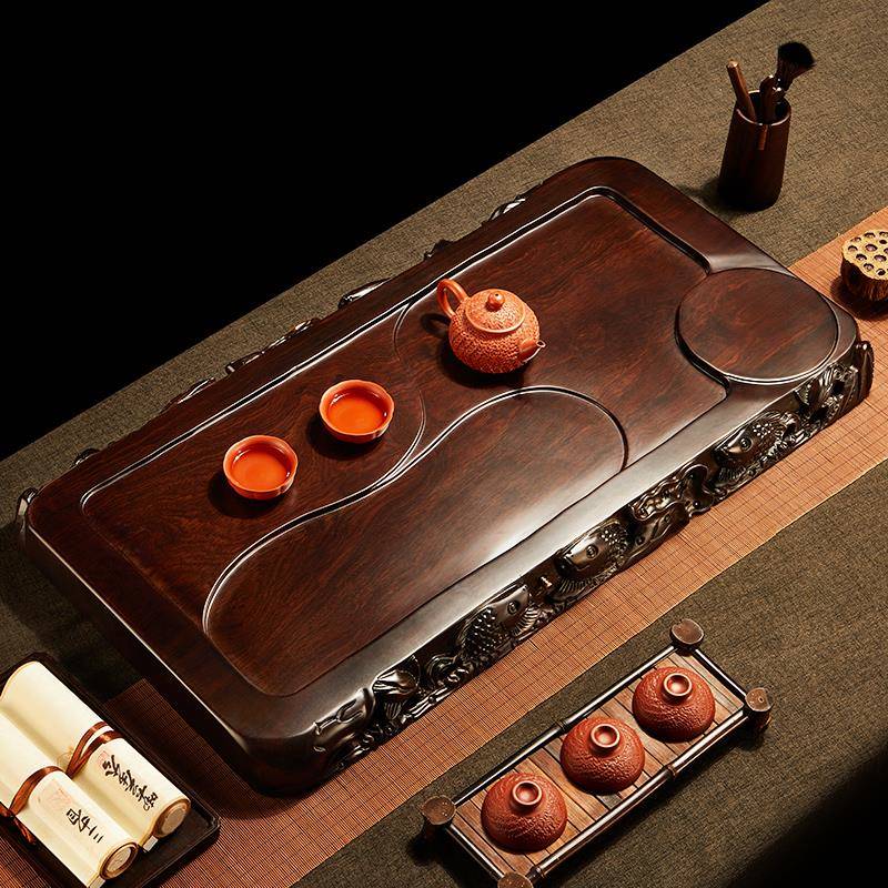 德国整块黑檀木立体雕刻茶盘家用客厅实木茶台茶托盘功夫茶具茶海