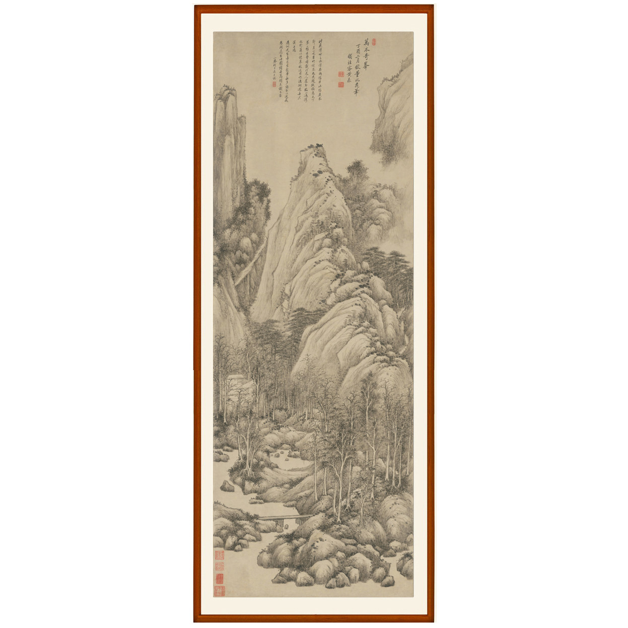 黄鼎山水画万木奇峰图客厅挂画装饰画非手绘真迹竖版卷轴装裱定制