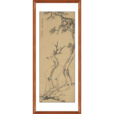 朱耷八大山人挂画松鹿图装饰画客厅宣纸字画花鸟画书法竖版画卷轴