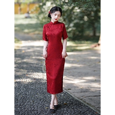 红色新中式古法全开襟旗袍一片式无省民国少女年轻气质传统大学生