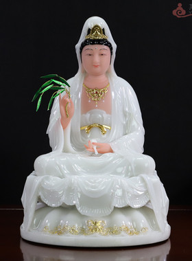中式风居家描金观世音菩萨汉白玉