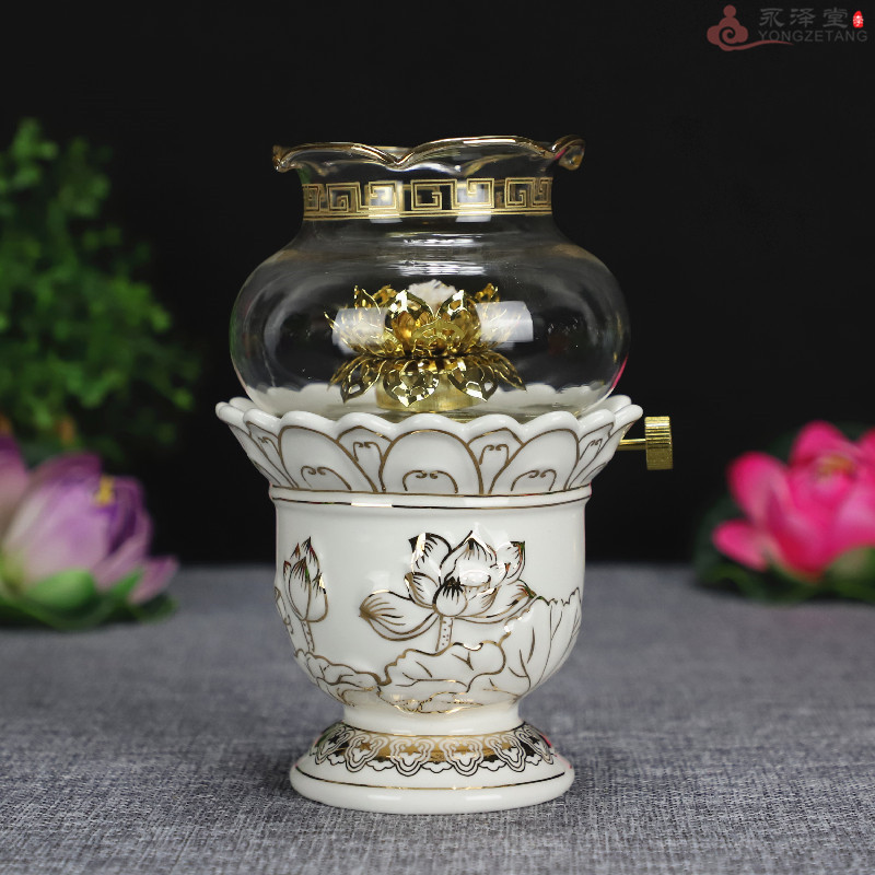 中式居家供佛白瓷精品酥油灯古莲油灯白描金油灯供油灯佛具佛品