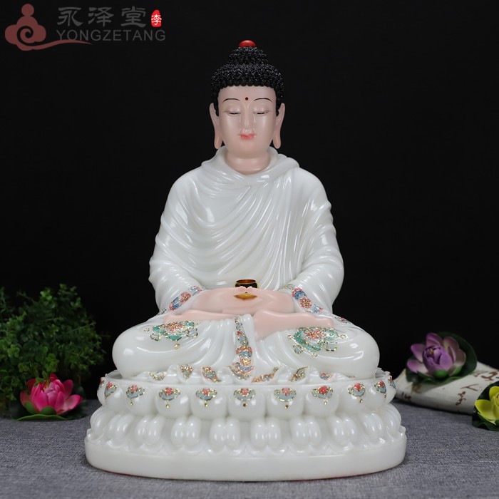 永泽堂桌面19寸镶花汉白玉释迦牟尼佛释迦佛三宝佛像供佛手工摆件