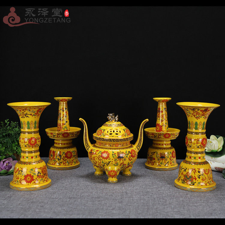 青花台湾式五贡组套5供佛具景泰蓝花瓶上檀香炉蜡烛烛台佛具用品
