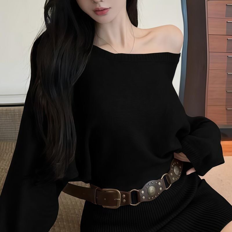 针织衫女秋冬设计感小众修身长袖修身型套头简约一字领纯色通勤风
