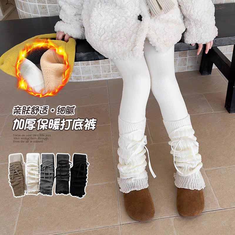 女童打底裤秋冬款加绒加厚保暖中大童宝宝九分裤子拼接堆堆袜洋气